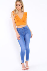 Mustard Plunge Ruffle Crop Top - Sofia-Crop Tops
