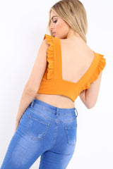 Mustard Plunge Ruffle Crop Top - Sofia-Crop Tops
