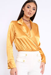Mustard Plunge Satin Bodysuit - Rebeka-Bodysuits