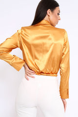 Mustard Plunge Satin Bodysuit - Rebeka-Bodysuits