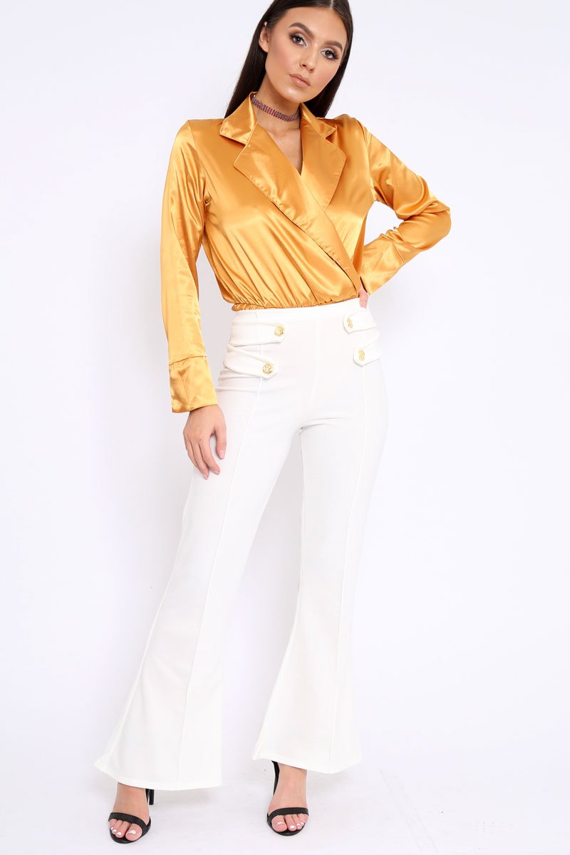 Mustard Plunge Satin Bodysuit - Rebeka-Bodysuits
