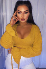 Mustard Plunge Sleeve Detail Crop Jumper - Ivree-Crop Jumper