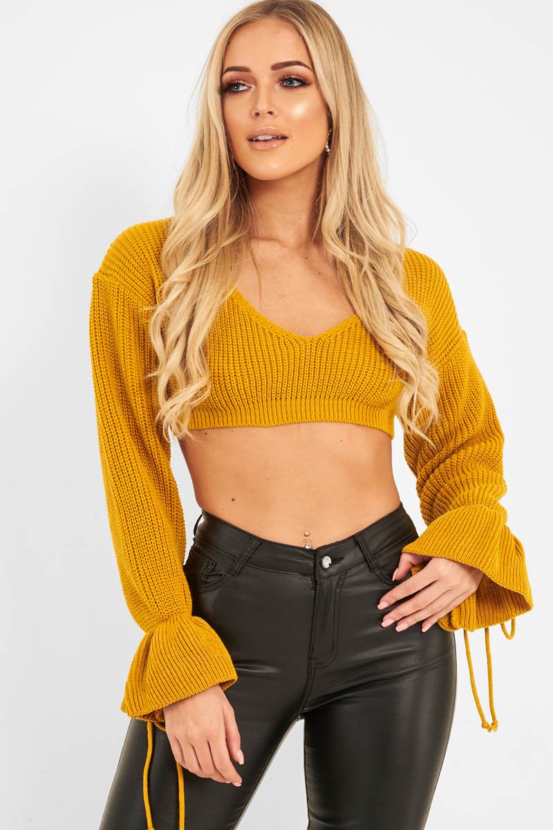 Mustard Plunge Sleeve Detail Crop Jumper - Ivree-Crop Jumper