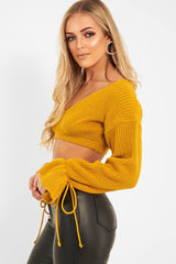 Mustard Plunge Sleeve Detail Crop Jumper - Ivree-Crop Jumper