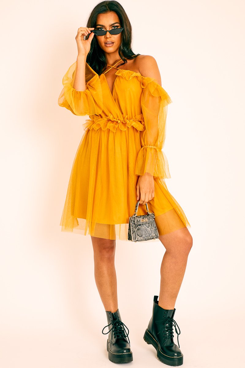 Mustard Plunge Tulle Ruffle Cross Back Dress - Aerial-Dresses