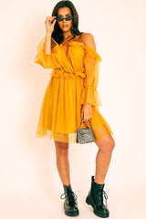 Mustard Plunge Tulle Ruffle Cross Back Dress - Aerial-Dresses