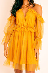 Mustard Plunge Tulle Ruffle Cross Back Dress - Aerial-Dresses