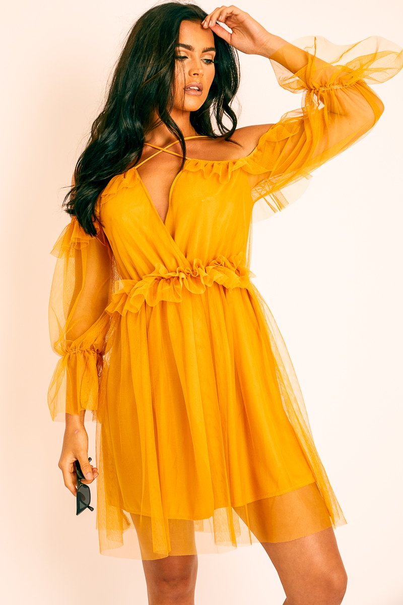 Mustard Plunge Tulle Ruffle Cross Back Dress - Aerial-Dresses