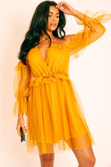 Mustard Plunge Tulle Ruffle Cross Back Dress - Aerial-Dresses