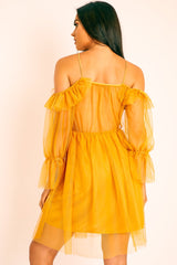 Mustard Plunge Tulle Ruffle Cross Back Dress - Aerial-Dresses
