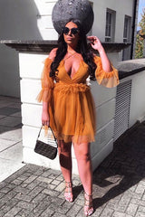 Mustard Plunge Tulle Ruffle Cross Back Dress - Aerial-Dresses