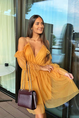 Mustard Plunge Tulle Ruffle Cross Back Dress - Aerial-Dresses