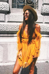 Mustard Plunge Tulle Ruffle Cross Back Dress - Aerial-Dresses