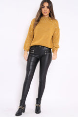 Mustard Puff Sleeve Pearl Chunky Knit Jumper - Nancie-Jumper
