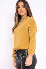 Mustard Puff Sleeve Pearl Chunky Knit Jumper - Nancie-Jumper