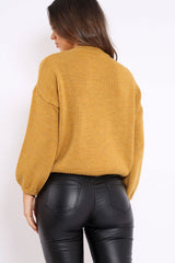 Mustard Puff Sleeve Pearl Chunky Knit Jumper - Nancie-Jumper