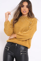 Mustard Puff Sleeve Pearl Chunky Knit Jumper - Nancie-Jumper