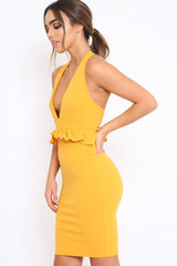 Mustard Racer Back Frill Midi Dress - Camilla-Dresses