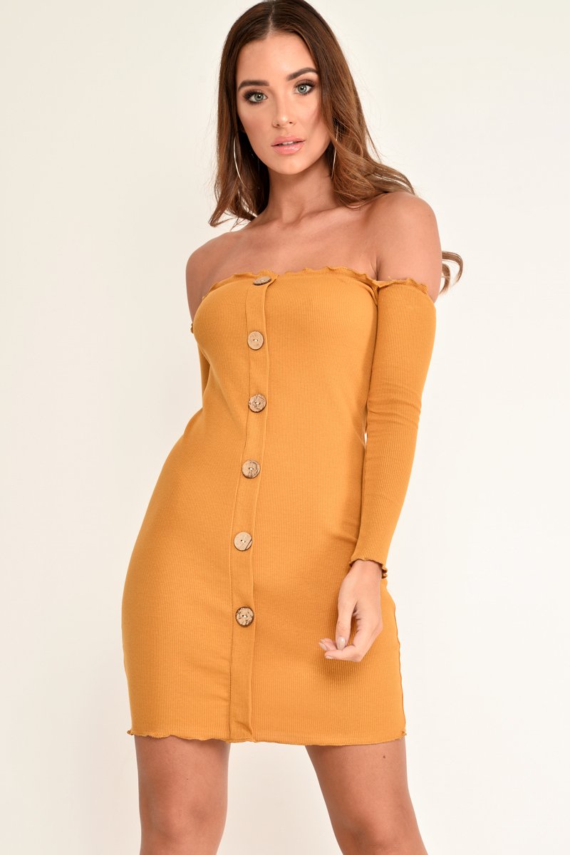 Mustard Rib Bardot Button Down Mini Dress - Janora-Dresses