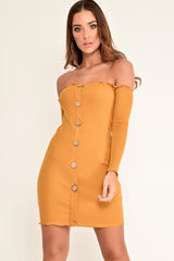 Mustard Rib Bardot Button Down Mini Dress - Janora-Dresses