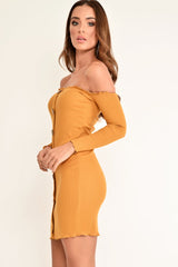 Mustard Rib Bardot Button Down Mini Dress - Janora-Dresses
