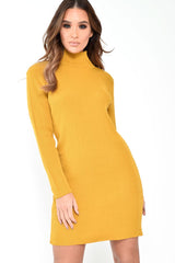 Mustard Rib Bodycon Turtle Neck Mini Dress - Tesia-Dresses