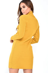 Mustard Rib Bodycon Turtle Neck Mini Dress - Tesia-Dresses