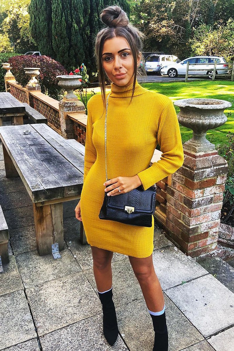 Mustard Rib Bodycon Turtle Neck Mini Dress - Tesia-Dresses