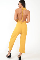 Mustard Rib Halterneck Button Front Jumpsuit - Calirose-Jumpsuits