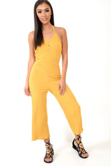 Mustard Rib Halterneck Button Front Jumpsuit - Calirose-Jumpsuits