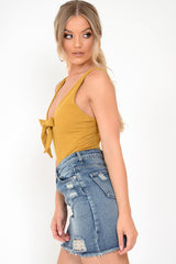 Mustard Rib Plunge Tie Front Bodysuit - Ryver-Bodysuits