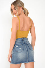 Mustard Rib Plunge Tie Front Bodysuit - Ryver-Bodysuits