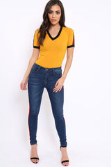 Mustard Ribbed Bodysuit with Contrast Trim - Libi-Bodysuits