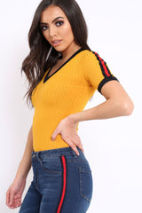 Mustard Ribbed Bodysuit with Contrast Trim - Libi-Bodysuits