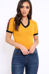 Mustard Ribbed Bodysuit with Contrast Trim - Libi-Bodysuits