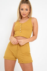 Mustard Ribbed Button Top And Shorts Co-ord - Kenidi-Co-ords