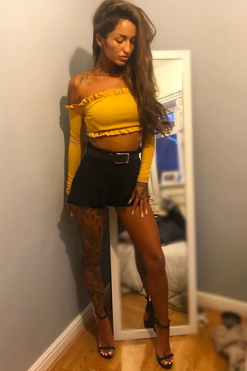 Mustard Ribbed Frill Bardot Crop Top - Cassidy-Crop Tops