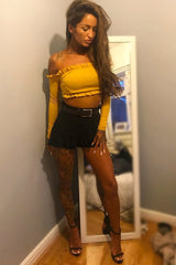 Mustard Ribbed Frill Bardot Crop Top - Cassidy-Crop Tops