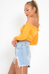 Mustard Ribbed Frill Bardot Crop Top - Cassidy-Crop Tops