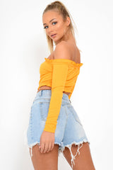 Mustard Ribbed Frill Bardot Crop Top - Cassidy-Crop Tops