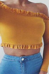 Mustard Ribbed Frill Bardot Crop Top - Cassidy-Crop Tops