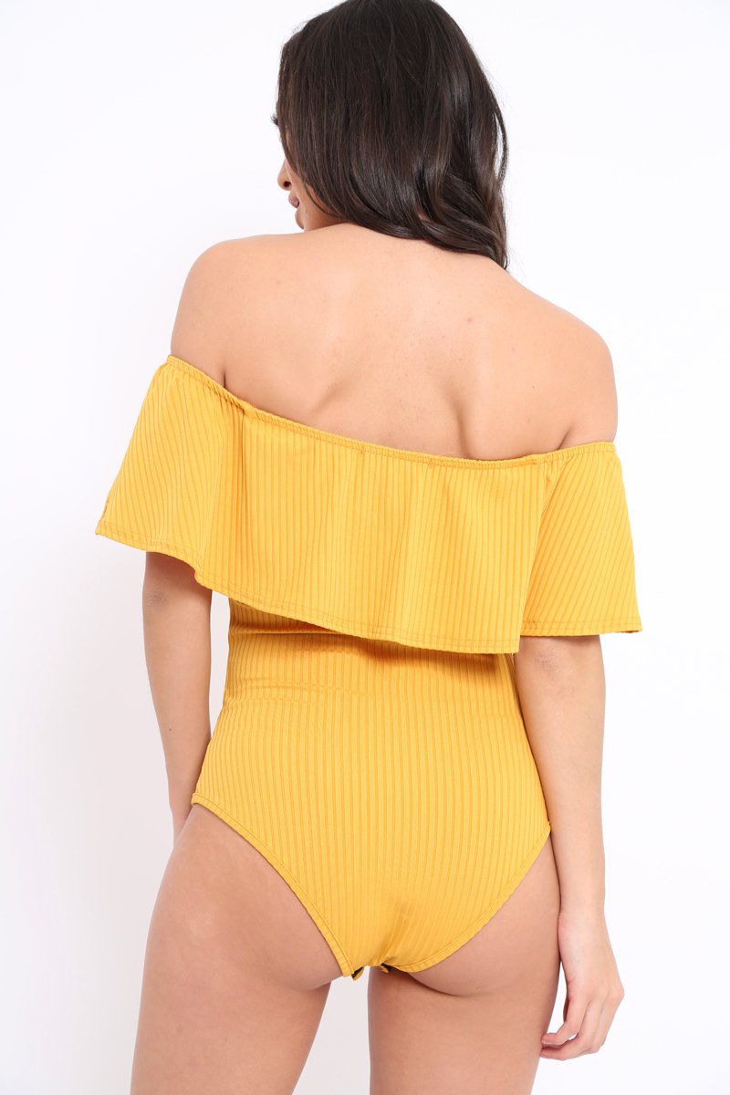 Mustard Ribbed Frill Bodysuit - Charl-Bodysuits