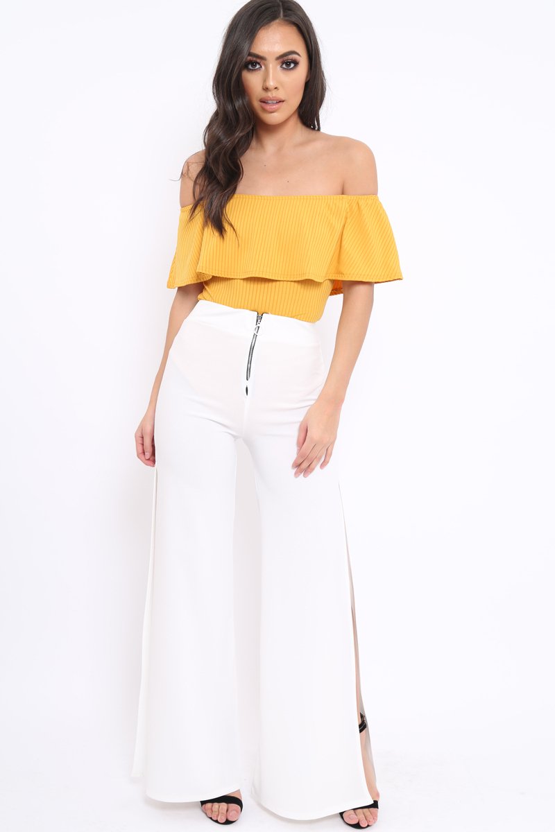Mustard Ribbed Frill Bodysuit - Charl-Bodysuits