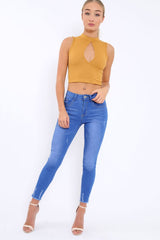 Mustard Ribbed High Neck Crop Top - Kamira-Tops