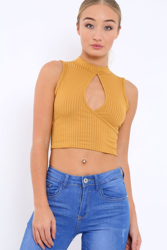 Mustard Ribbed High Neck Crop Top - Kamira
