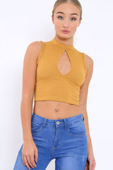 Mustard Ribbed High Neck Crop Top - Kamira-Tops