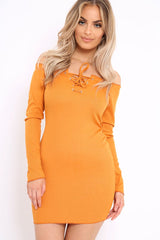 Mustard Ribbed Lace Up Front Mini Dress - Gracey-Dresses