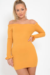 Mustard Ribbed Ruffle Long Sleeve Bardot Dress - Madison-Dresses