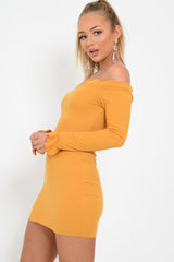 Mustard Ribbed Ruffle Long Sleeve Bardot Dress - Madison-Dresses