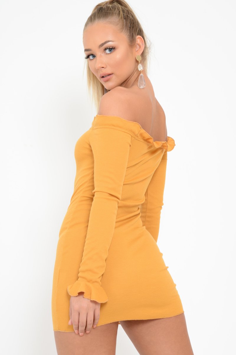 Mustard Ribbed Ruffle Long Sleeve Bardot Dress - Madison-Dresses